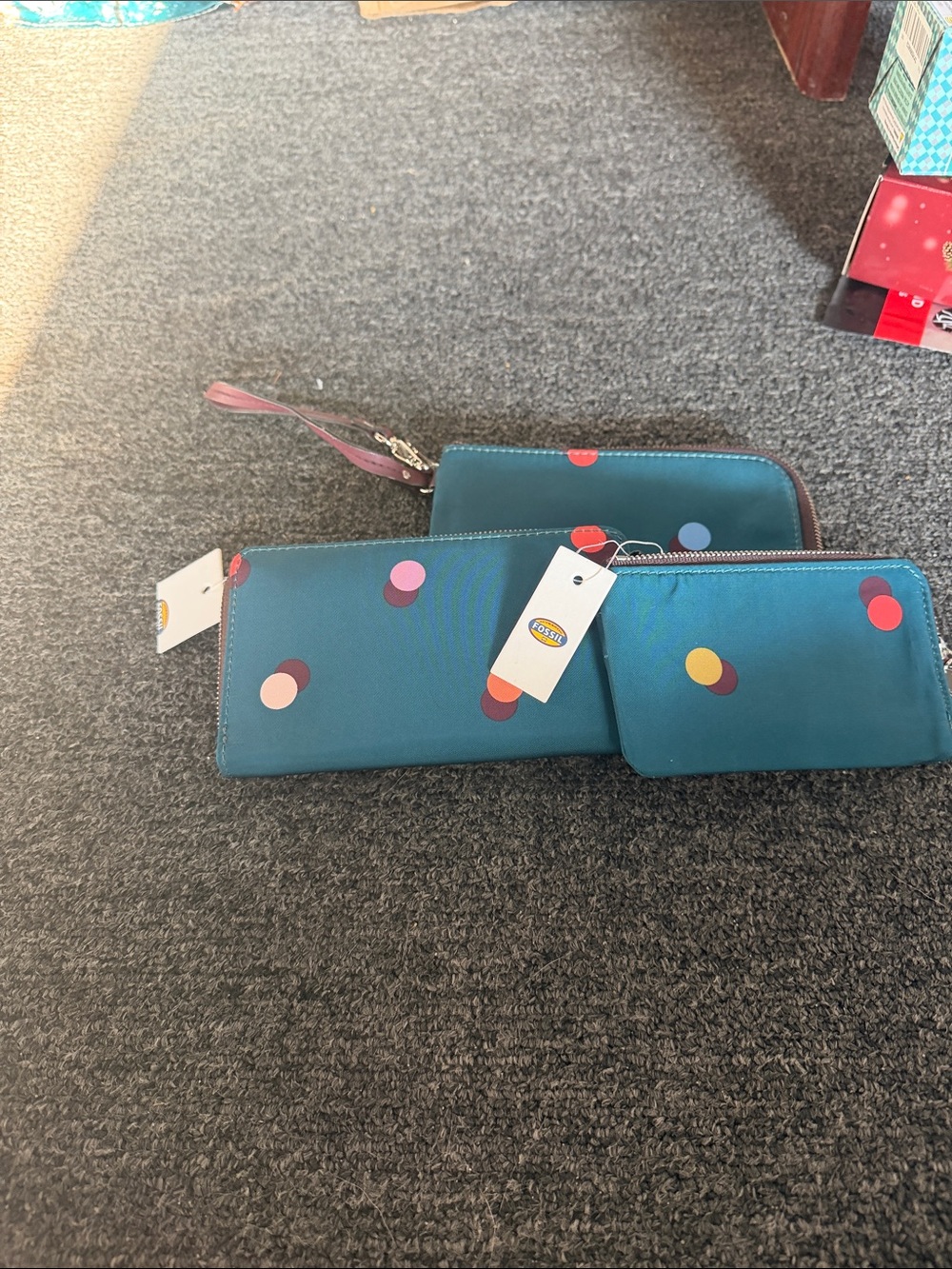 Fossil Teal Wallet and Wristlet Trio with Colorful Dot Accents